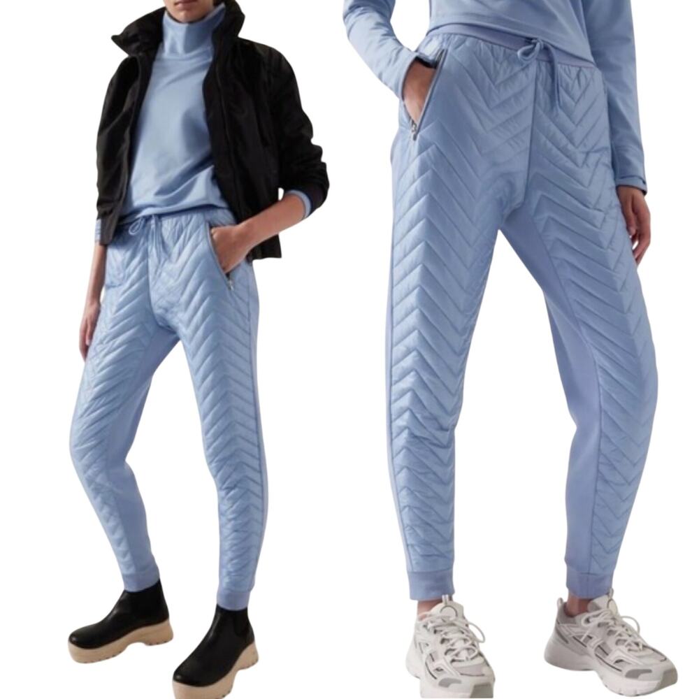Athleta Apres Ski Down Quilted Jogger Pants Pull on High Rise Heron Blue 4